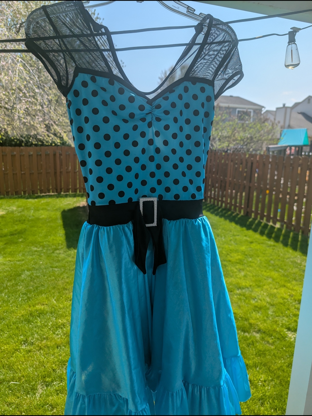 Turquoise Polka Dot Vintage-Inspired Figure Skating Dress with Belt
